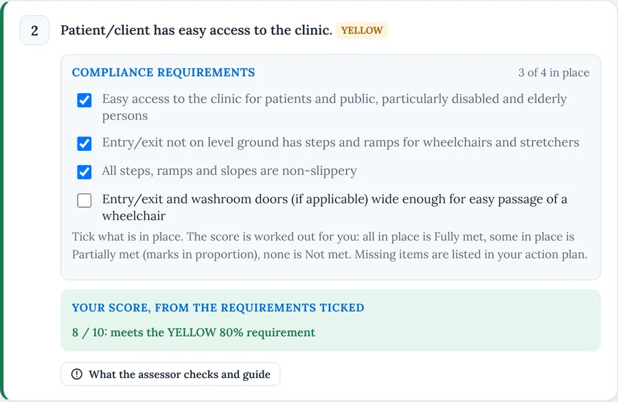 MSDS Dashboard: Tick what is in place. The score is worked out for you.