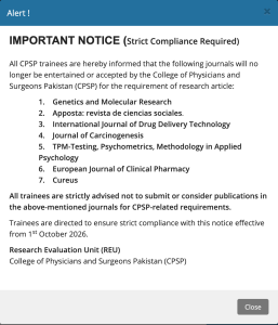 CPSP Research Evaluation Unit notice listing seven journals not accepted for the research article requirement from 1 October 2026