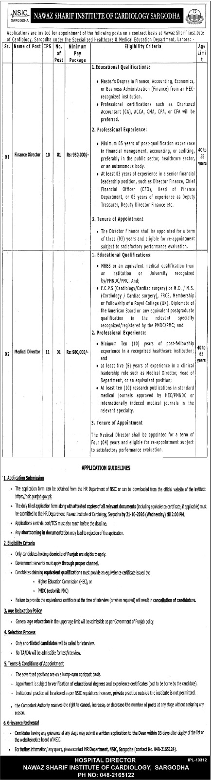 Nawaz Sharif Institute of Cardiology Sargodha job ad: Medical Director