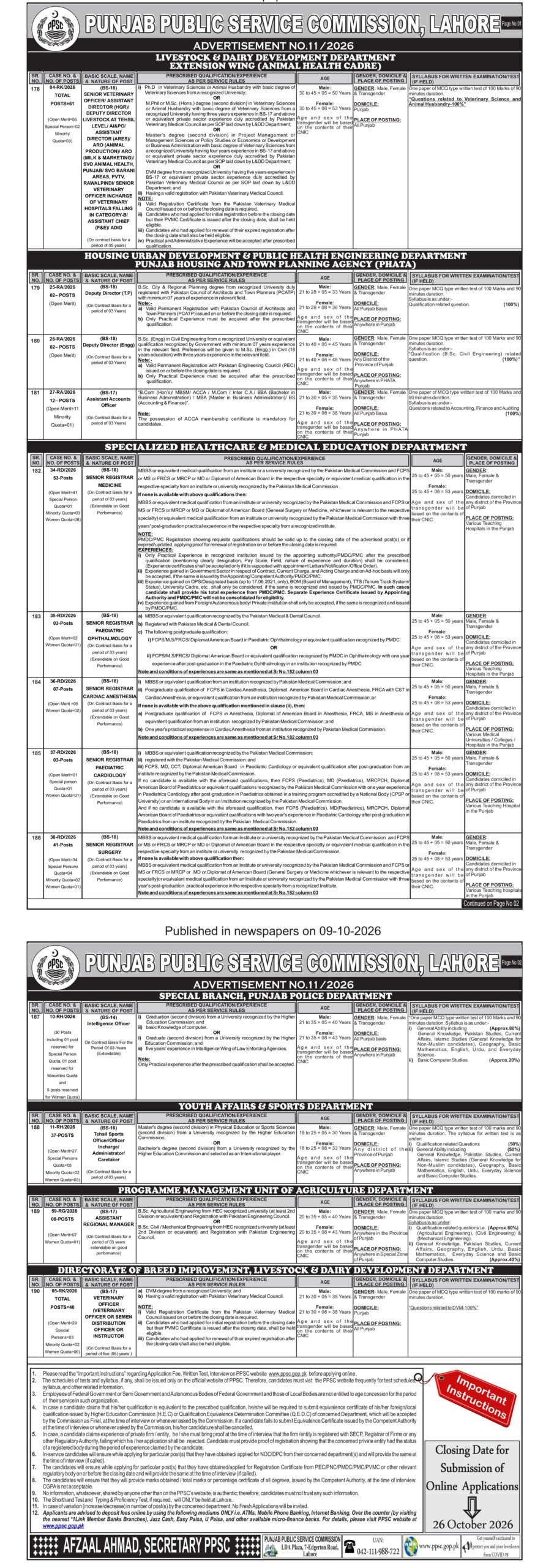 PPSC Advertisement No. 11/2026, Senior Registrar posts, Specialized Healthcare & Medical Education Department Punjab